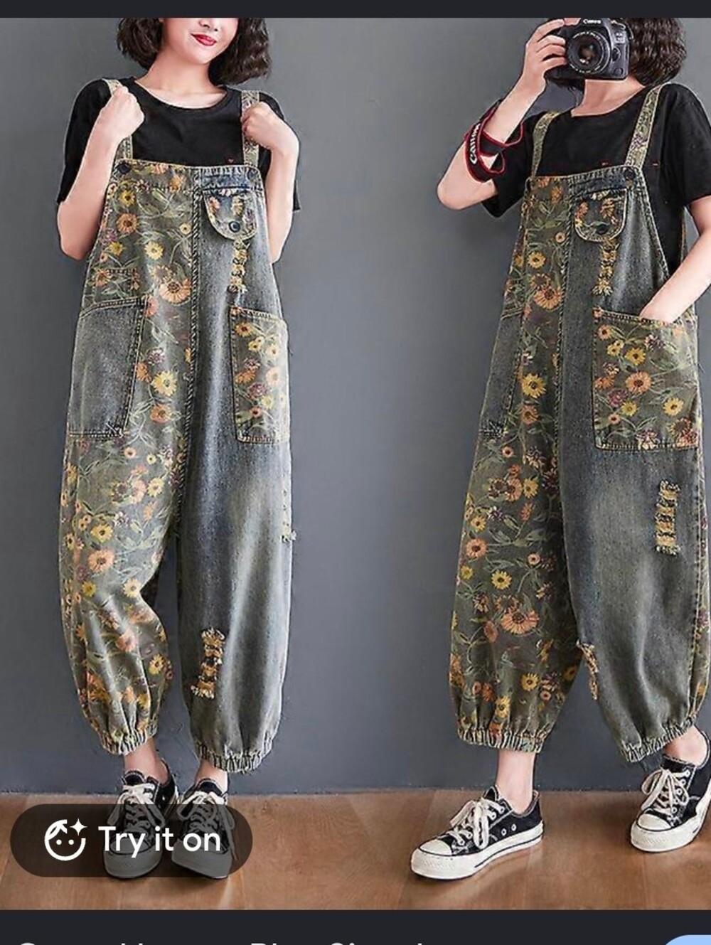 FLOWER PRINTED WASHED DENIM OVERALLS